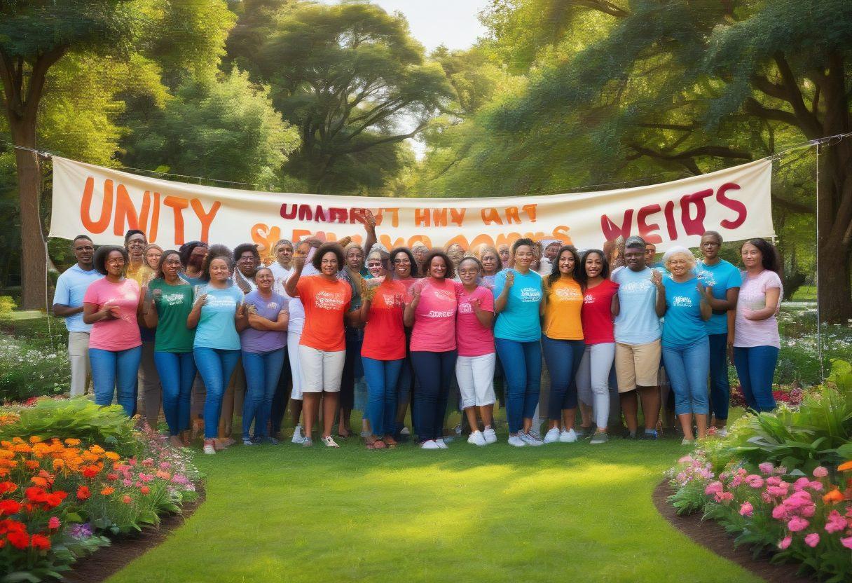 A vibrant scene depicting a diverse group of people of all ages engaging in community service, helping each other with smiles and compassion. In the background, a beautiful park setting with trees, flowers, and a banner that reads 'Unity in Service'. Include symbols of love and connection like hearts and intertwined hands. Use warm and inviting colors to convey a sense of affection and togetherness. super-realistic. vibrant colors. outdoor setting.