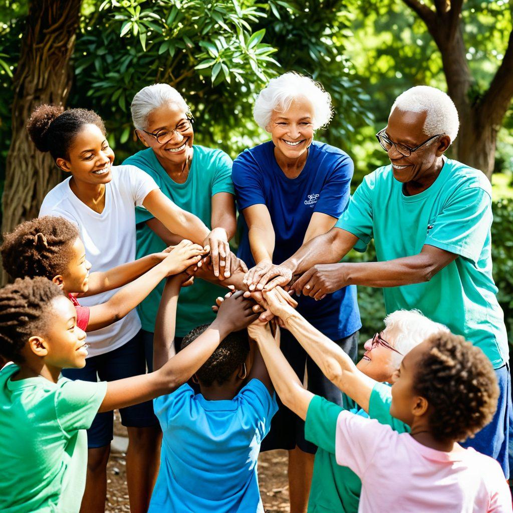 A warm scene depicting diverse volunteers collaborating on a community project, surrounded by smiling faces of children and elderly alike, with hands intertwining to symbolize connection. Soft sunlight filters through trees, casting a gentle glow on their activities, showcasing compassion and unity. Incorporate elements of teamwork, such as shared tools or a collaborative mural. vibrant colors. soft focus.