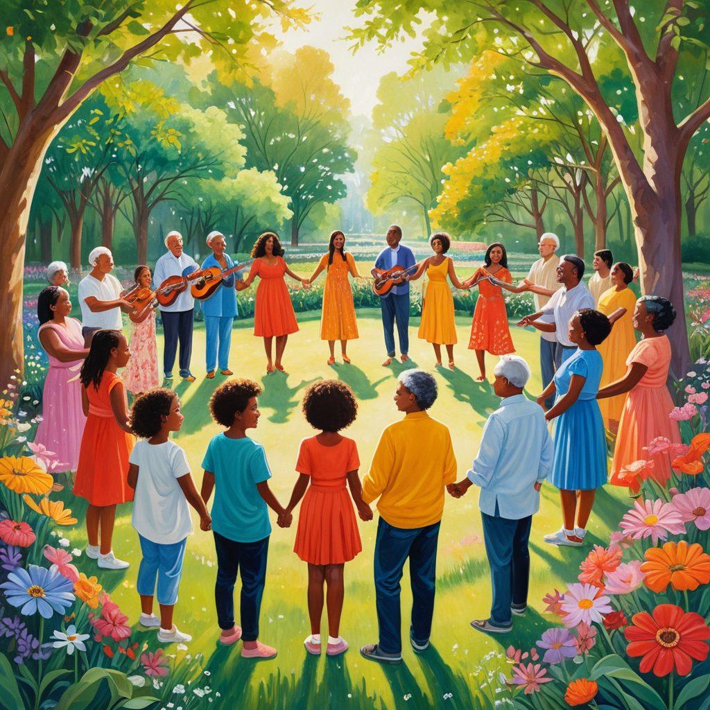 A diverse group of people of various ages and ethnicities joyfully collaborating in a lush park setting, sharing ideas and nurturing relationships. They hold hands in a circle with vibrant flowers blooming around them, symbolizing growth and unity. Soft sunlight filters through the trees, casting a warm glow on their faces. Include elements of music and art in the background to represent creativity. painting. vibrant colors.